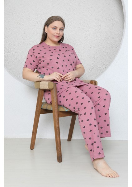 Büyük Beden Pudra Küçük Kalp Desenli Pijama Takım fiyatları