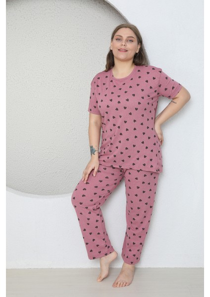 Büyük Beden Pudra Küçük Kalp Desenli Pijama Takım modelleri