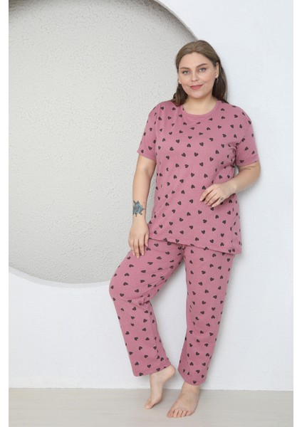 Büyük Beden Pudra Küçük Kalp Desenli Pijama Takım fırsatları