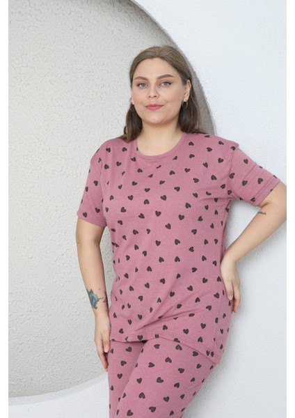 Büyük Beden Pudra Küçük Kalp Desenli Pijama Takım indirimleri