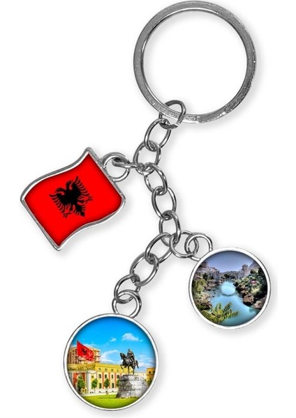 Arnavutluk Üçlü Epoksi Metal Çift Taraflı Damla Anahtarlık Albania