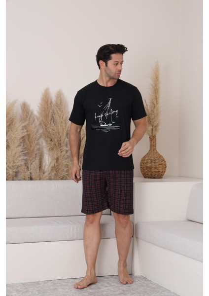 Erkek Regular Rahat Siyah Alt Ekoseli Kapri Pijama Takım