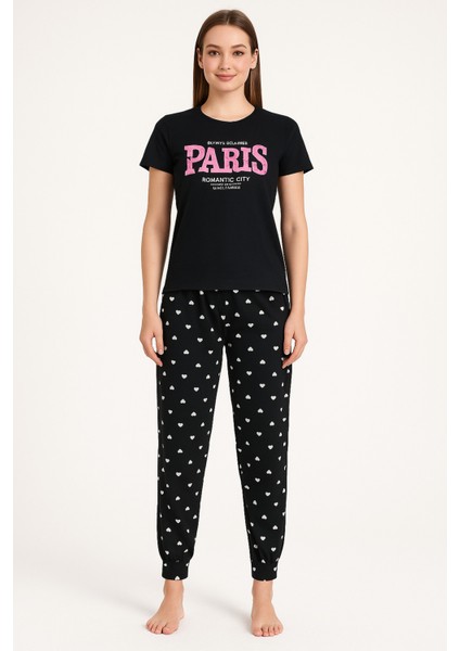 Kadın Siyah Paris Baskılı Kalp Desenli Pamuklu Pijama Takımı