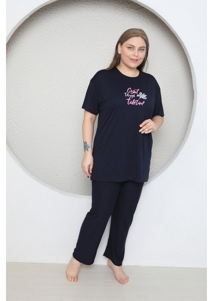 Büyük Beden Likralı Ring Viskon Kısa Kol Yazlık Pijama Takım