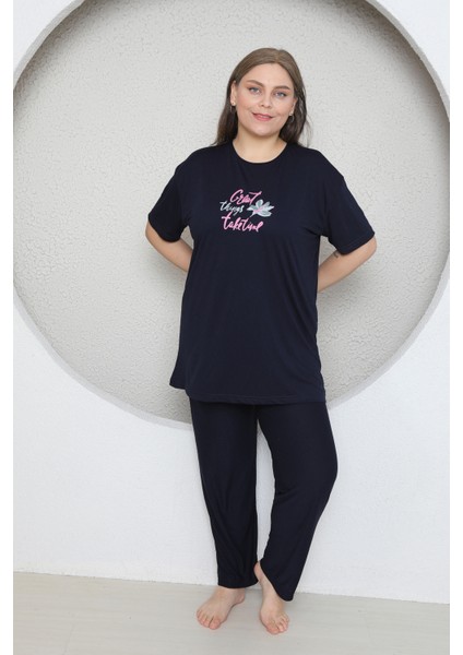 Büyük Beden Likralı Ring Viskon Kısa Kol Yazlık Pijama Takım
