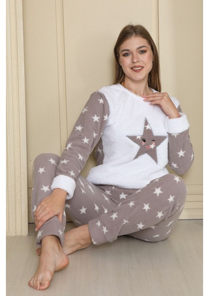 Yıldız Desenli Wellsoft Uzun Kollu Kışlık Kadın Pijama Takımı