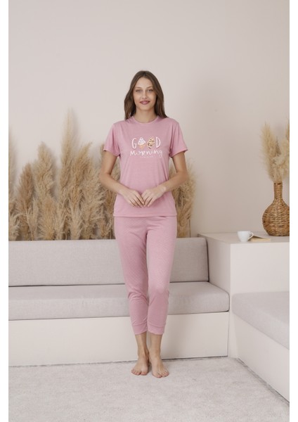Penye O Yaka Kısa Kol Kadın Regular Pijama Takım %100 Pamuk Manşetli Paça