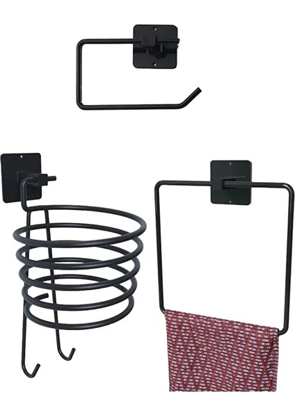 Siyah Metal Yapışkanlı 3'lü Set Kare Havlu Askısı- Kağıt Havlu Tutucu-Fönlük