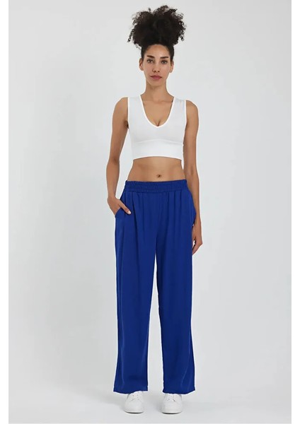 Kadın Beli Lastikli Cepli Bol Paça Viskon Pantolon
