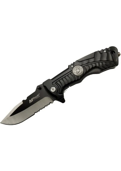 Mtech 4-12-2 Siyah Kurtarma / Kamp Çakısı 21CM- Yarı Otomatik, Testere Detaylı, Cam Kırma Aparatlı, Kemerlikli