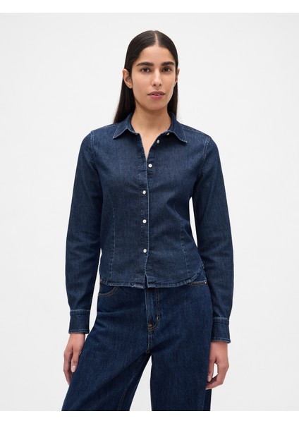 Kadın Koyu Mavi Denim Fitted Crop Gömlek
