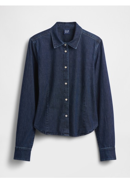 Kadın Koyu Mavi Denim Fitted Crop Gömlek fiyatları