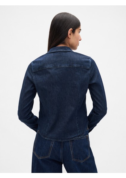 Kadın Koyu Mavi Denim Fitted Crop Gömlek modelleri