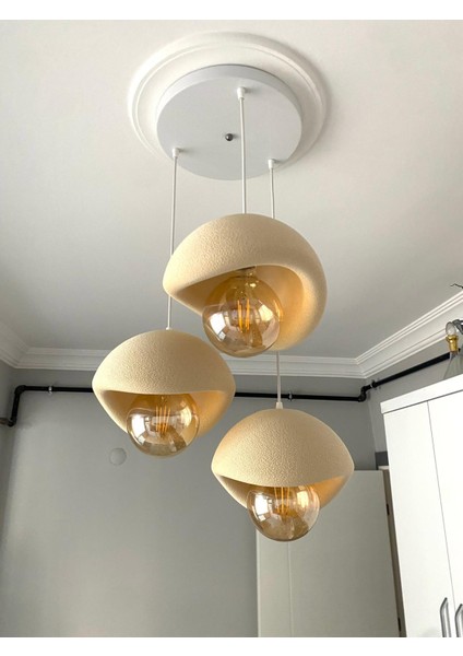 Beton Avize Modern Şık Iskandinav Tarz Krem 3 Başlıklı (Beton Görünümlü Plastik) Ampul Hediyeli