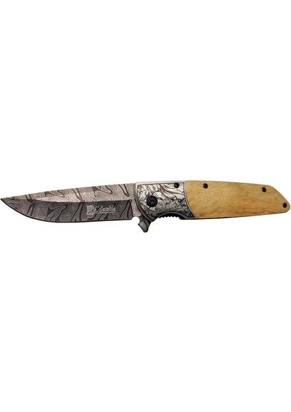 Columbia A2150C Kahve Kamp Çakısı 21CM- Manuel, Ahşap Işlemeli Sap,kemerlikli