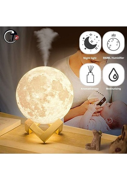 3 Renkli Ay Işığı Gece Lambası ve Hava Oda Nemlendirici Buhar Makinesi Cihazı 880 ml Su Hazneli