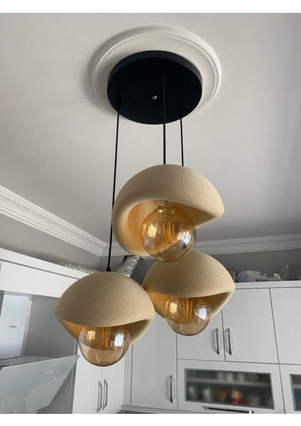 Beton Avize Modern Şık Iskandinav Tarz Krem 3 Başlıklı (Beton Görünümlü Plastik) Ampul Hediyeli