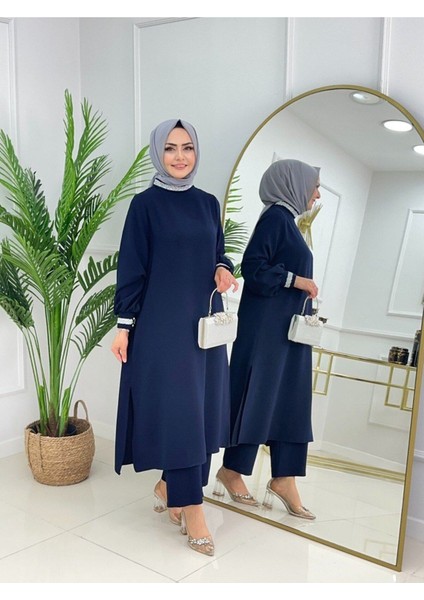 Kadın Tesettür Yakası Taşlı Tunik & Pantalon Takımı