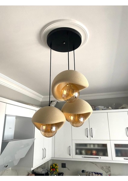 Beton Avize Modern Şık Iskandinav Tarz Krem 3 Başlıklı (Beton Görünümlü Plastik) Ampul Hediyeli