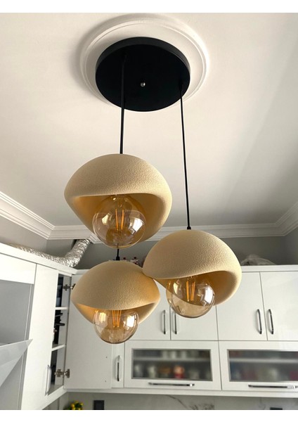 Beton Avize Modern Şık Iskandinav Tarz Krem 3 Başlıklı (Beton Görünümlü Plastik) Ampul Hediyeli