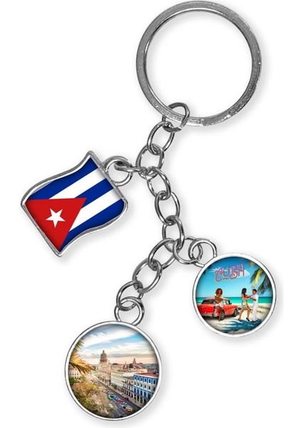 Küba Üçlü Epoksi Metal Çift Taraflı Damla Anahtarlık Cuba