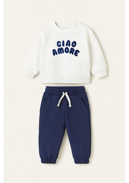Bebek Pamuklu Lacivert Ciao Amore Sweatshirt ve Gri Eşofman Takım - Konforlu Günlük Stil