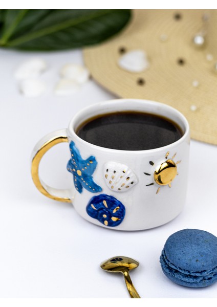 24K Altın Süslemeli Okyanus Temalı El Yapımı Seramik Mug