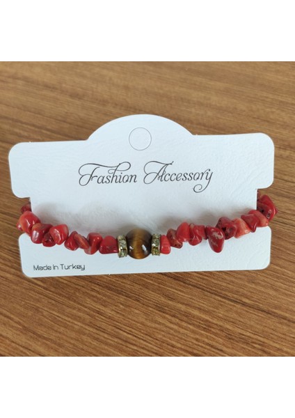 Kırmızı Mercan Doğal Taş & Kaplan Gözü Bileklik - 8143