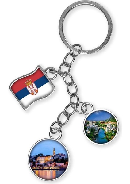 Sırbistan Üçlü Epoksi Metal Çift Taraflı Damla Anahtarlık Serbia