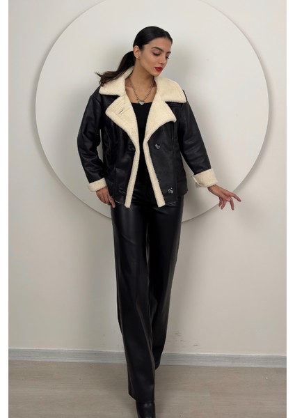 Aurelia Kadın Kürklü Rahat Oversize Peluş Siyah Kaban – Şık ve Konforlu