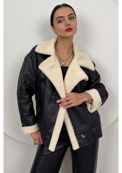 Kadın Oversize Peluş Siyah Kaban Suni Deri Detaylarla Şık ve Konforlu modelleri