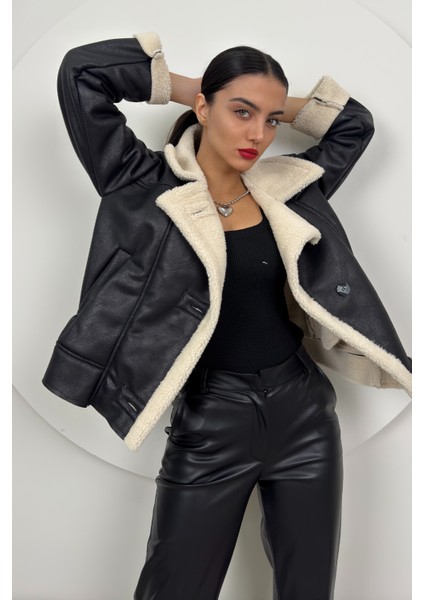 Kadın Oversize Peluş Siyah Kaban Suni Deri Detaylarla Şık ve Konforlu fırsatları