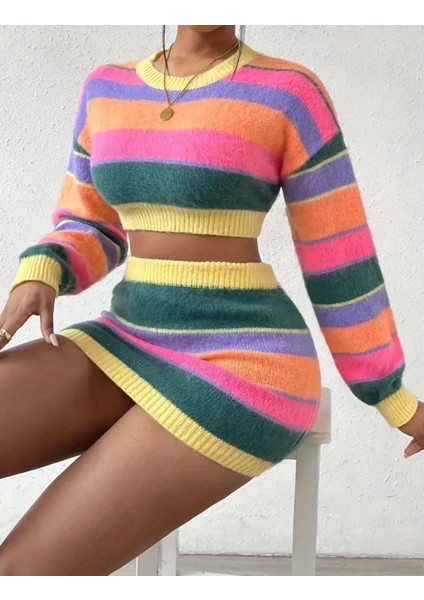 Gökkuşağı Çizgili Kontrast Renk Uzun Kollu Kısa Kazak-Yüksel Bel Kısa Etekli Iki Parça Takı