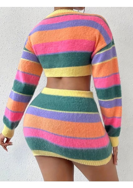 Gökkuşağı Çizgili Kontrast Renk Uzun Kollu Kısa Kazak-Yüksel Bel Kısa Etekli Iki Parça Takı modelleri