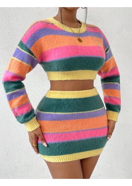 Gökkuşağı Çizgili Kontrast Renk Uzun Kollu Kısa Kazak-Yüksel Bel Kısa Etekli Iki Parça Takı fırsatları