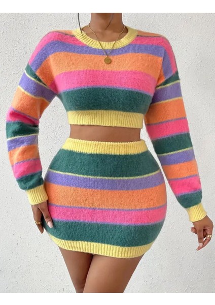 Gökkuşağı Çizgili Kontrast Renk Uzun Kollu Kısa Kazak-Yüksel Bel Kısa Etekli Iki Parça Takı indirimleri