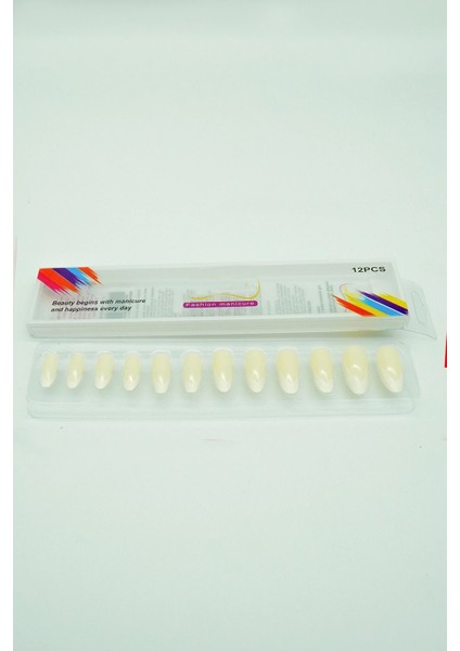 12 Adet Badem Tırnak Tak ve Çık Kendinden Yapışkanlı Takma Tırnak Krem