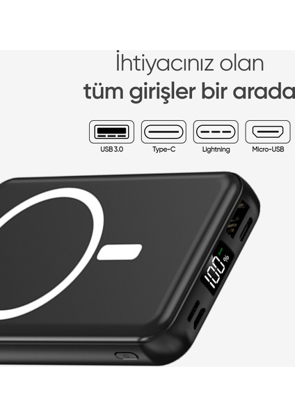 10.000 Mah Kablosuz Hızlı Şarjlı Magsafe Powerbank LED Ekranlı Dahili Kablolu Powerbank Çoklu Giriş fiyatları