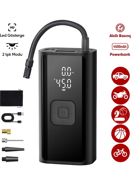 4500 Mah Taşınabilir Şarjlı Araç Lastik Hava Şişirme Pompası LED Ekran El Fenerli Oto Hava Kompresör