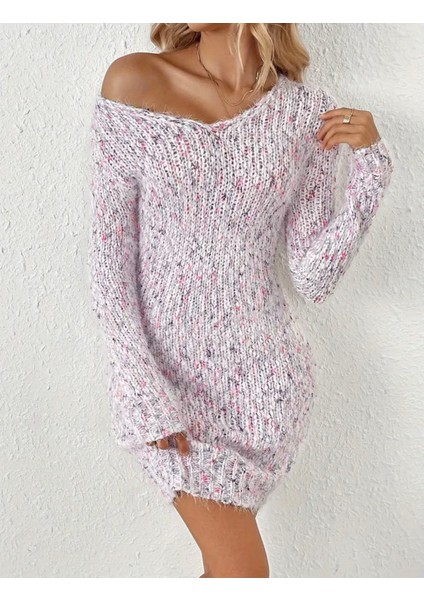 Pembe Uzun Kollu Örme Kısa Elbise