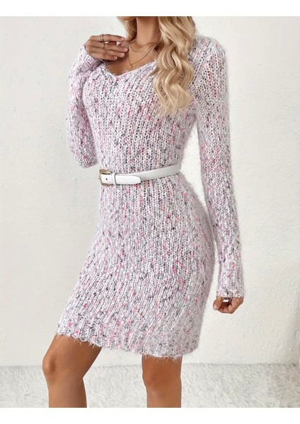 Pembe Uzun Kollu Örme Kısa Elbise modelleri