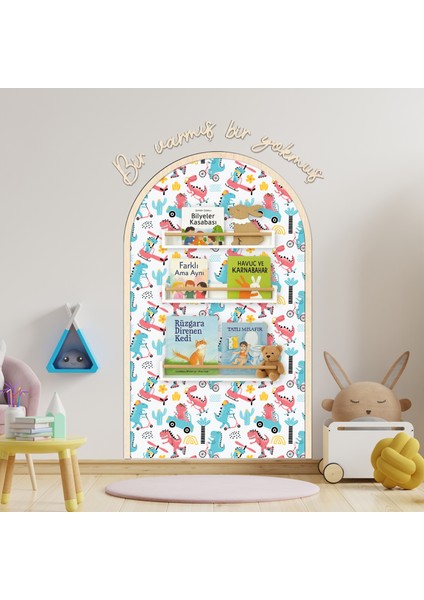 Çocuk-Bebek Odası Dekoru, Duvar Stickeri, Bir Varmış Bir Yokmuş Yapışkan Yazı, Çerçeve, Kitap Köşesi, Dinazor Temalı