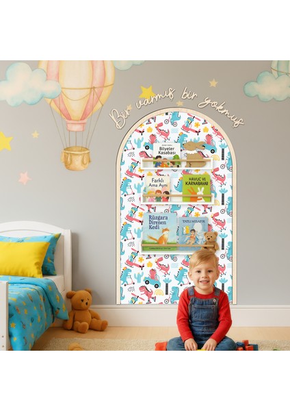 Çocuk-Bebek Odası Dekoru, Duvar Stickeri, Bir Varmış Bir Yokmuş Yapışkan Yazı, Çerçeve, Kitap Köşesi, Dinazor Temalı indirimleri