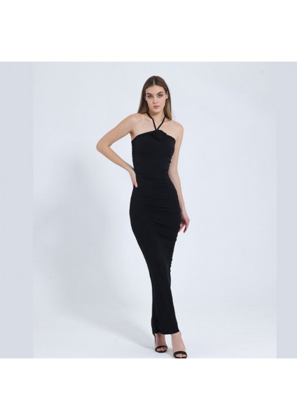 Siyah Gül Detay Boyundan Bağlamalı Elbise