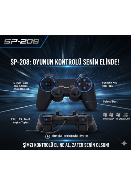 SP-208 USB Gamepad: Pc ve Laptoplar Için Kablolu Titreşimli Oyun Kolu modelleri
