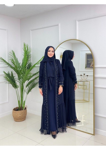 Kadın Tesettür 2'li Abaya , Inci Çakma Tül Kumaş Elbise