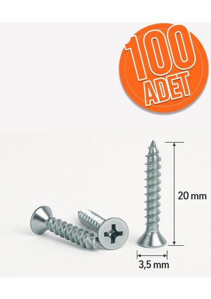 100 Adet Sunta Vidası 3.5X20 mm Sivri Uçlu Ahşap Tahta Ağaç Mobilya Ayak Kulp Vidası