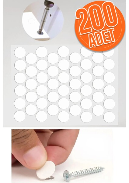 Yapışkanlı Yapıştırma Vida Tapası Tıpası Beyaz Vida Kapatıcı Kapağı (200 Adet)