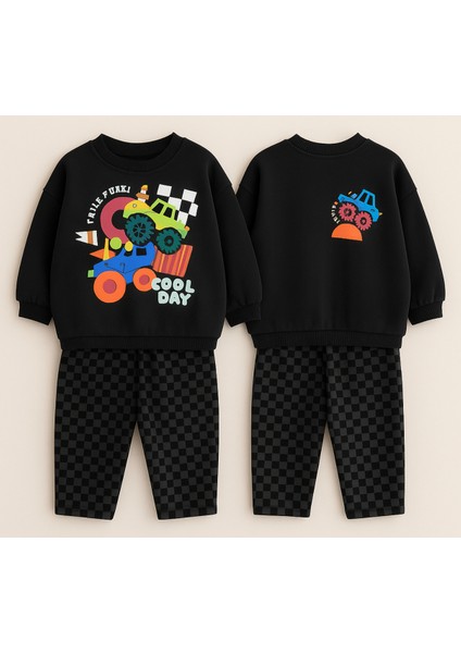 Erkek Çocuk Siyah Renk Araba Baskılı Sırt Detaylı Sweatshirt Kareli Jogger Eşofman Alt Üst Takım