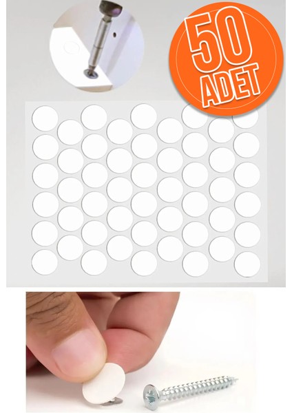 Yapışkanlı Yapıştırma Vida Tapası Tıpası Beyaz Vida Kapatıcı Kapağı (50 Adet)